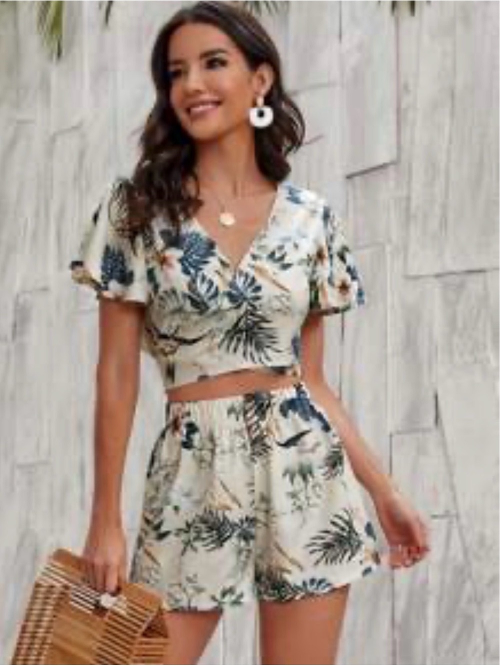 SHEIN Cream Tropical Print Crop Top & Shorts Set